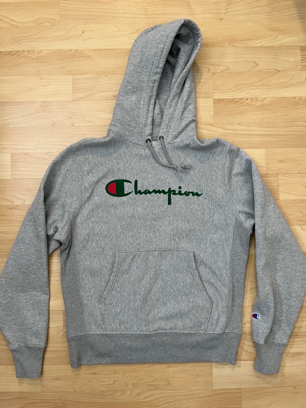 Champion Gray Reverse Weave Hoodie M Green & Red Logo